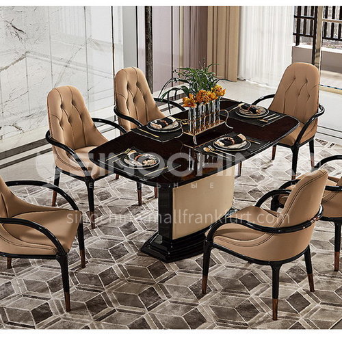 BJ-M2 Living room high-end post-modern light luxury rectangular dining table + board wood + soft matte technology leather
